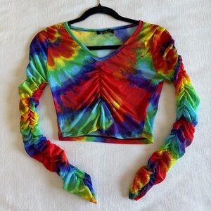 Love Ruched Crop Top Womens S Tie Dye  Mesh Long Sleeve Festival Hippie Raver